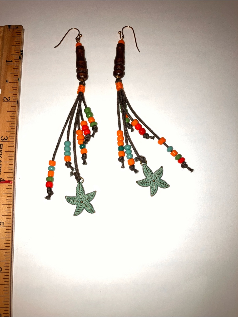 Boho Starfish Beaded Dangle Earrings in Teal, Orange & Brown